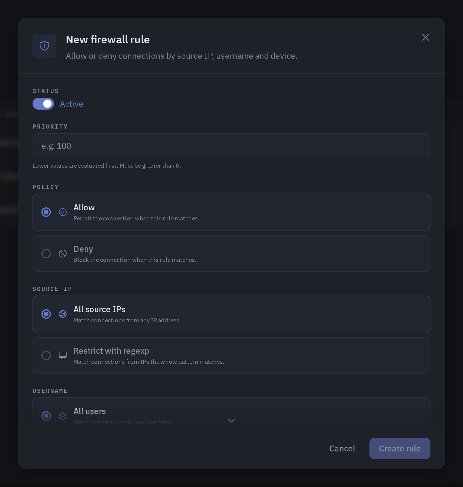 The New Firewall Rule drawer with Status, Priority, Policy, Source IP, Username, and Device filter fields