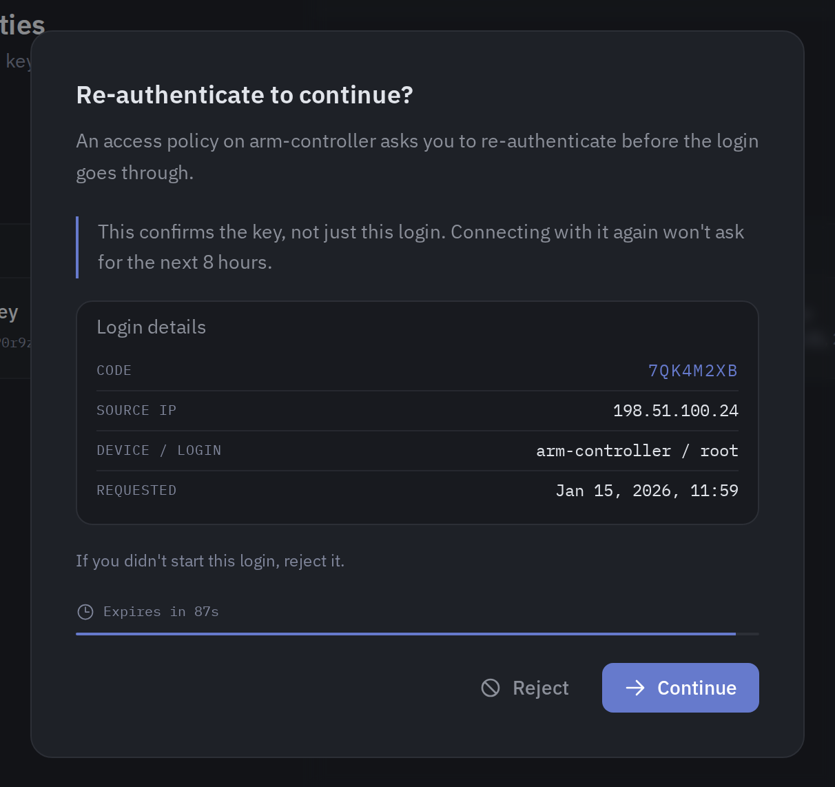 The re-authentication screen for a key already known, confirming a login rather than creating an identity