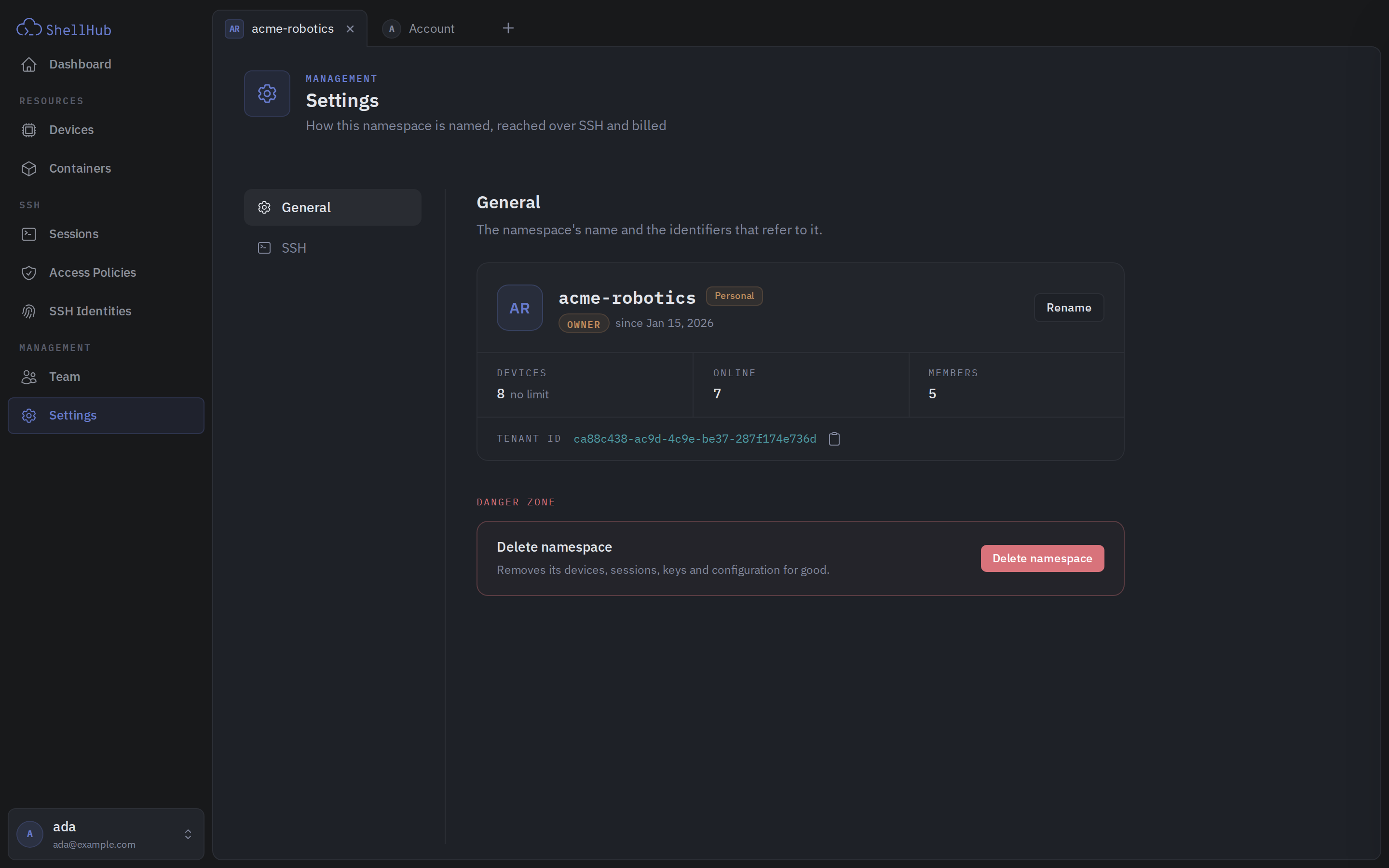 Namespace Settings page